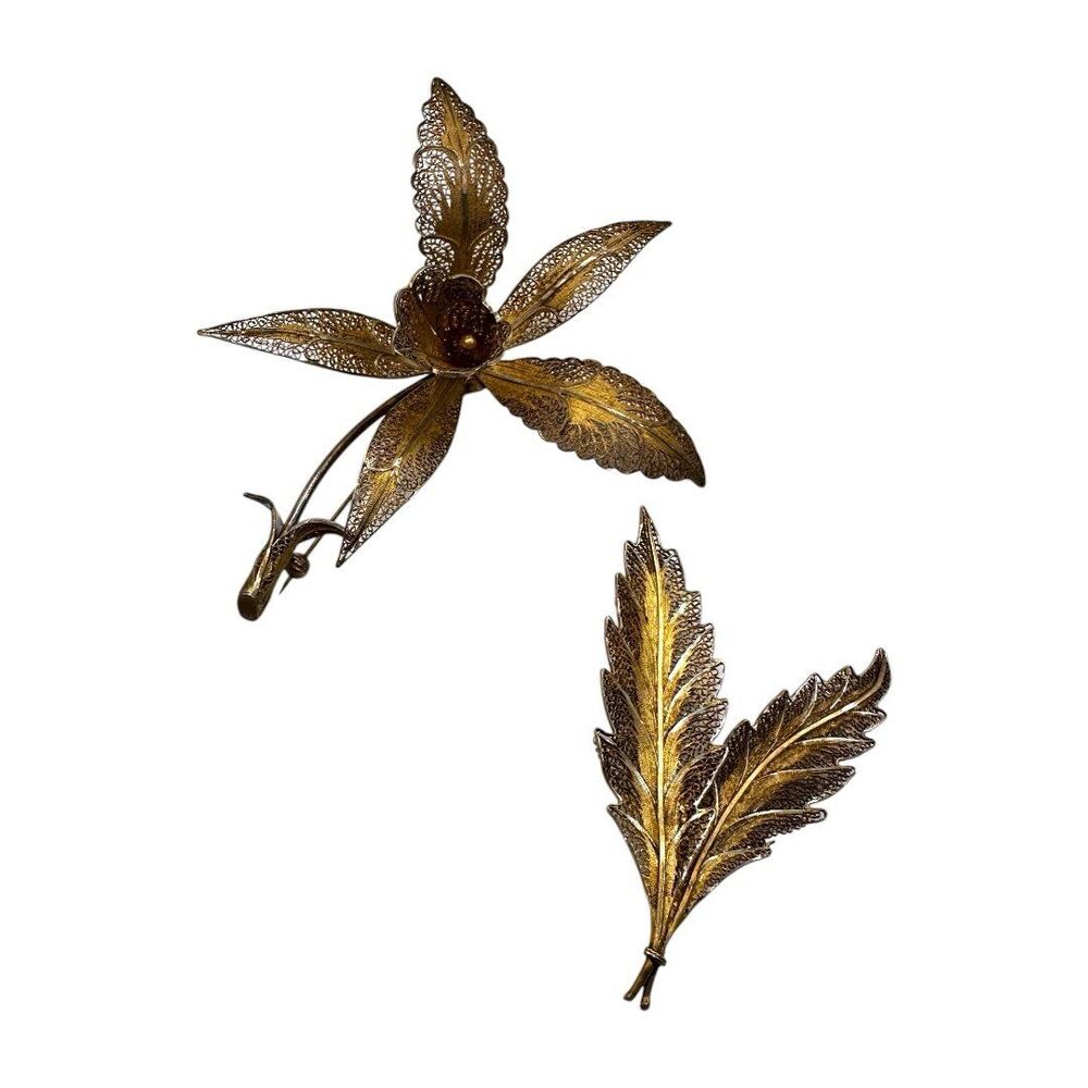 Vintage Gold-Toned Filigree Brooch Set